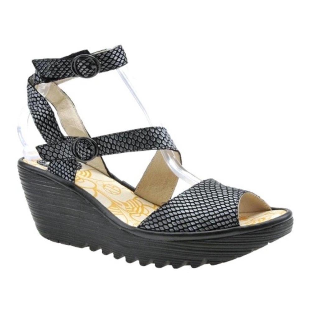 Fly London Women's Yisk Wedge Sandals Black Silver Strappy Size 8/8.5 EU 39